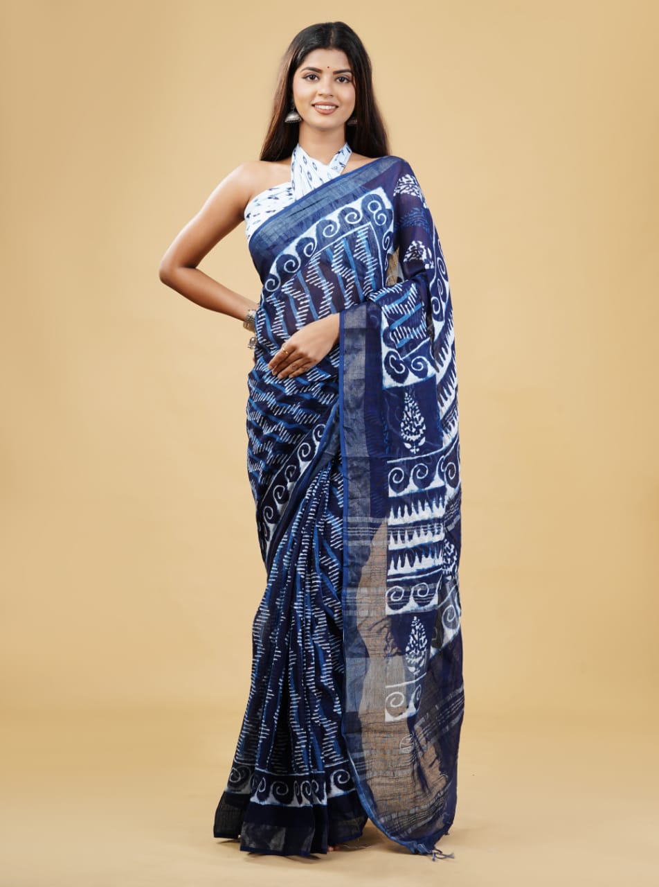 HAND BLOCK PRINTED LINEN SAREE (5.5Mtr) WITH LINEN UNSTICHED BLOUSE PIECE (90CM)