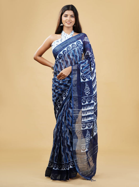 HAND BLOCK PRINTED LINEN SAREE (5.5Mtr) WITH LINEN UNSTICHED BLOUSE PIECE (90CM)