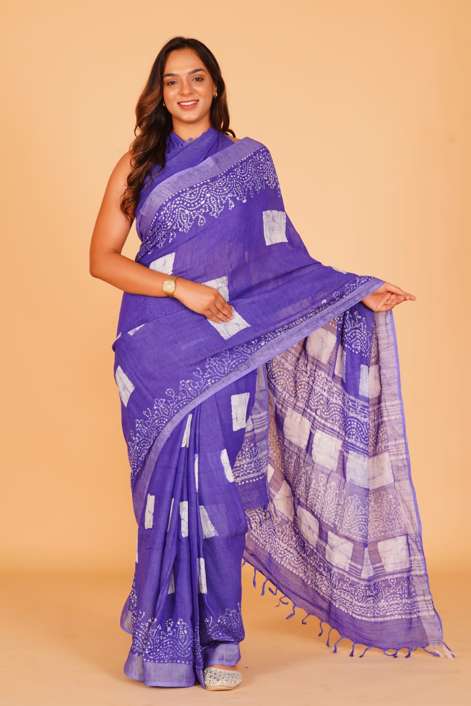 HAND BLOCK PRINTED LINEN SAREE (5.5Mtr) WITH LINEN UNSTICHED BLOUSE PIECE (90CM)