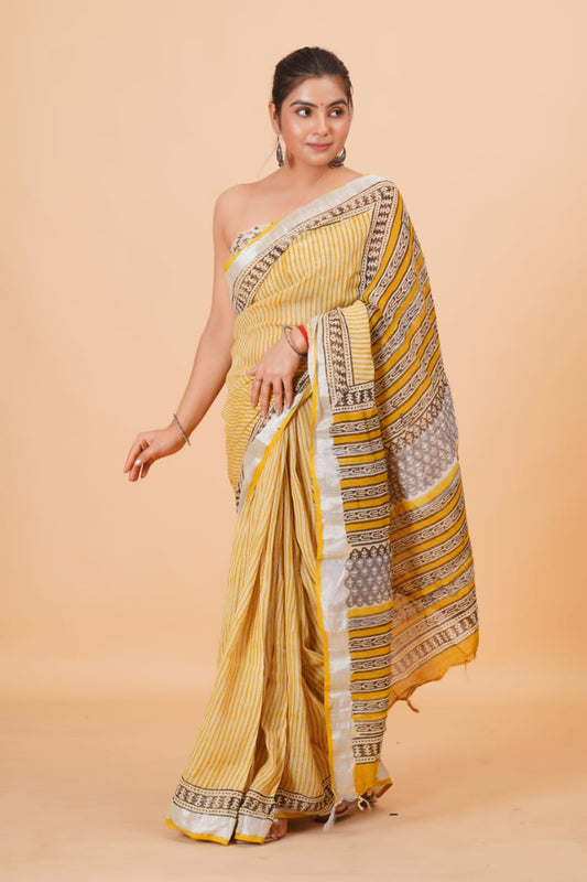 HAND BLOCK PRINTED LINEN SAREE (5.5Mtr) WITH LINEN UNSTICHED BLOUSE PIECE (90CM)