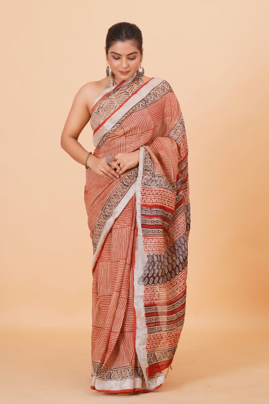 HAND BLOCK PRINTED LINEN SAREE (5.5Mtr) WITH LINEN UNSTICHED BLOUSE PIECE (90CM)