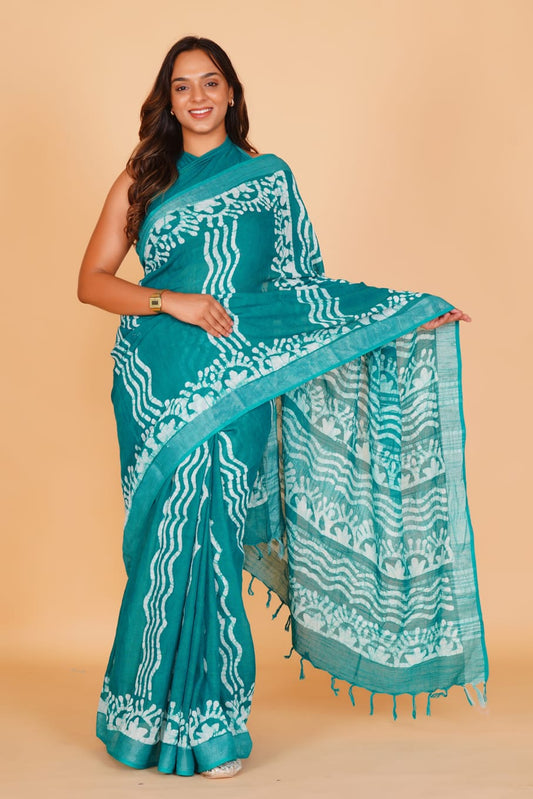 HAND BLOCK PRINTED LINEN SAREE (5.5Mtr) WITH LINEN UNSTICHED BLOUSE PIECE (90CM)