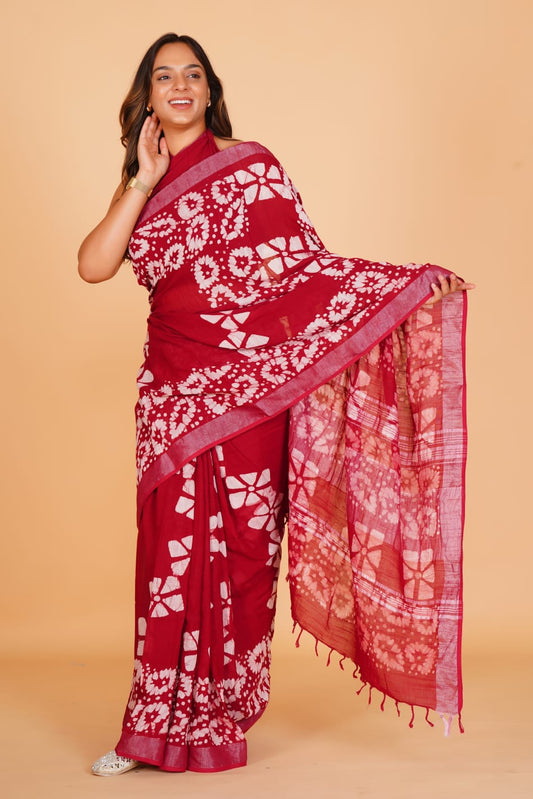HAND BLOCK PRINTED LINEN SAREE (5.5Mtr) WITH LINEN UNSTICHED BLOUSE PIECE (90CM)