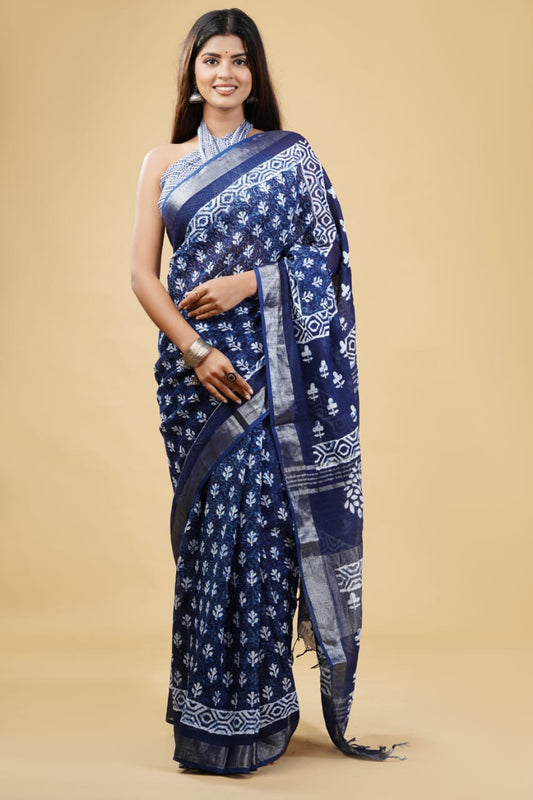 HAND BLOCK PRINTED LINEN SAREE (5.5Mtr) WITH LINEN UNSTICHED BLOUSE PIECE (90CM)