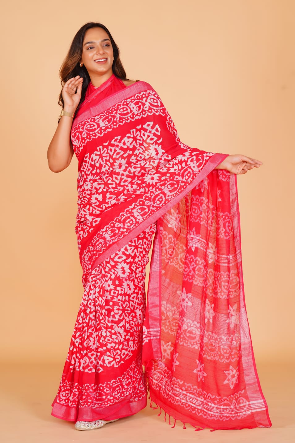 HAND BLOCK PRINTED LINEN SAREE (5.5Mtr) WITH LINEN UNSTICHED BLOUSE PIECE (90CM)