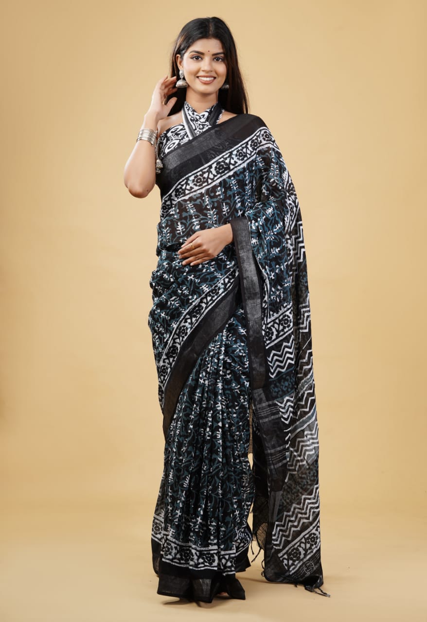 HAND BLOCK PRINTED LINEN SAREE (5.5Mtr) WITH LINEN UNSTICHED BLOUSE PIECE (90CM)