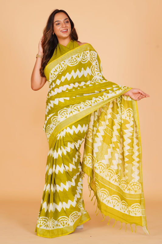 HAND BLOCK PRINTED LINEN SAREE (5.5Mtr) WITH LINEN UNSTICHED BLOUSE PIECE (90CM)