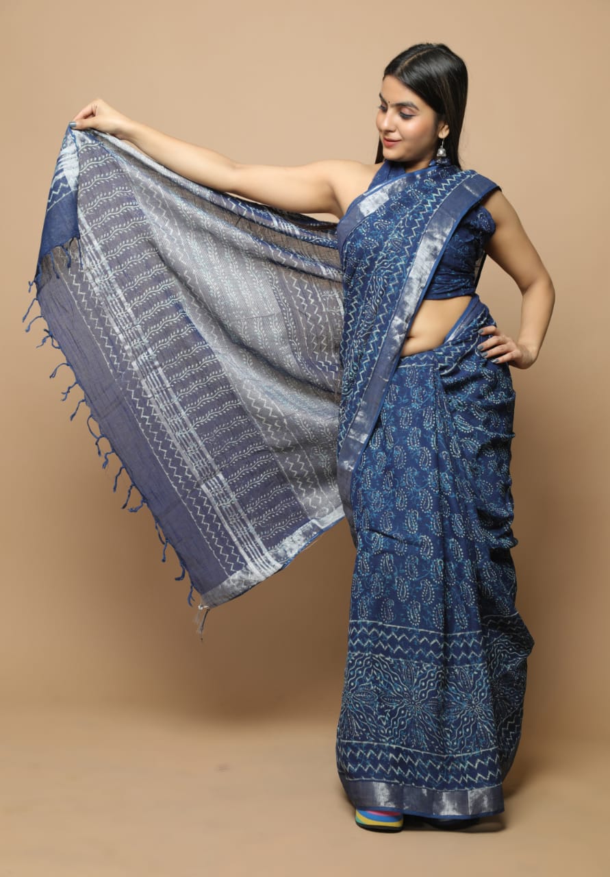 HAND BLOCK PRINTED LINEN SAREE (5.5Mtr) WITH LINEN UNSTICHED BLOUSE PIECE (90CM)