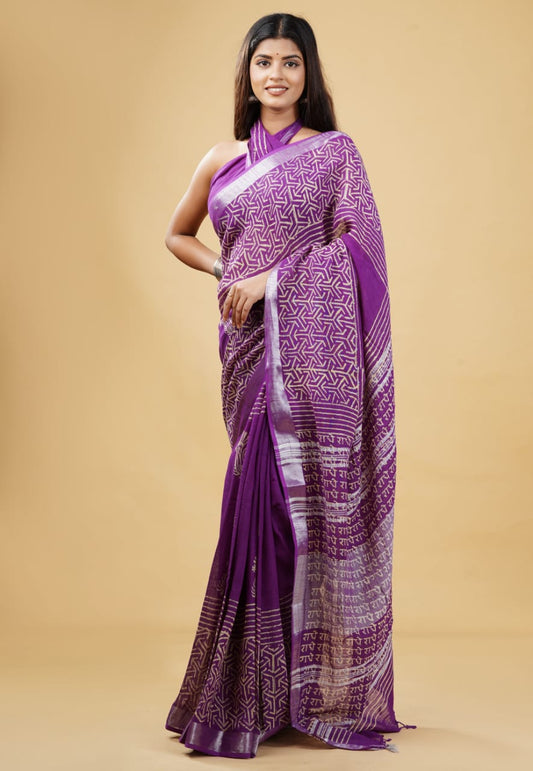 HAND BLOCK PRINTED LINEN SAREE (5.5Mtr) WITH LINEN UNSTICHED BLOUSE PIECE (90CM)