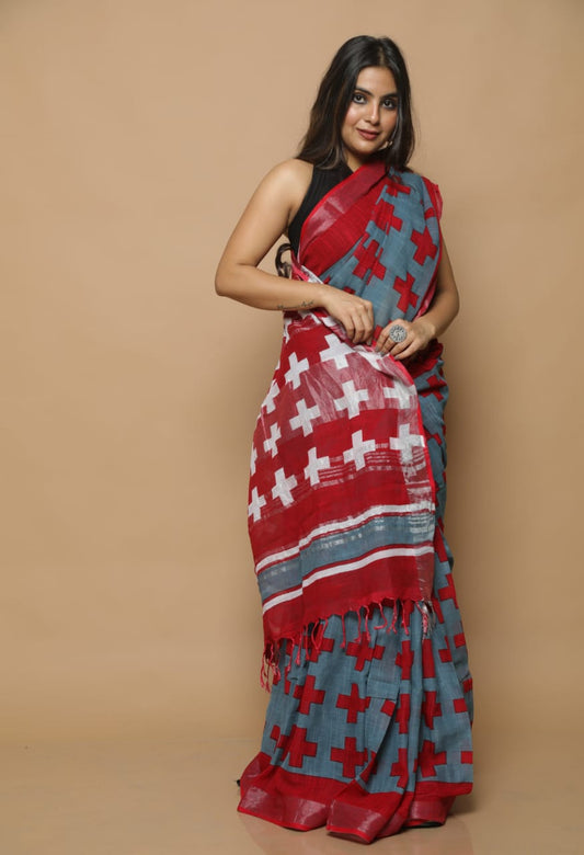 HAND BLOCK PRINTED LINEN SAREE (5.5Mtr) WITH LINEN UNSTICHED BLOUSE PIECE (90CM)