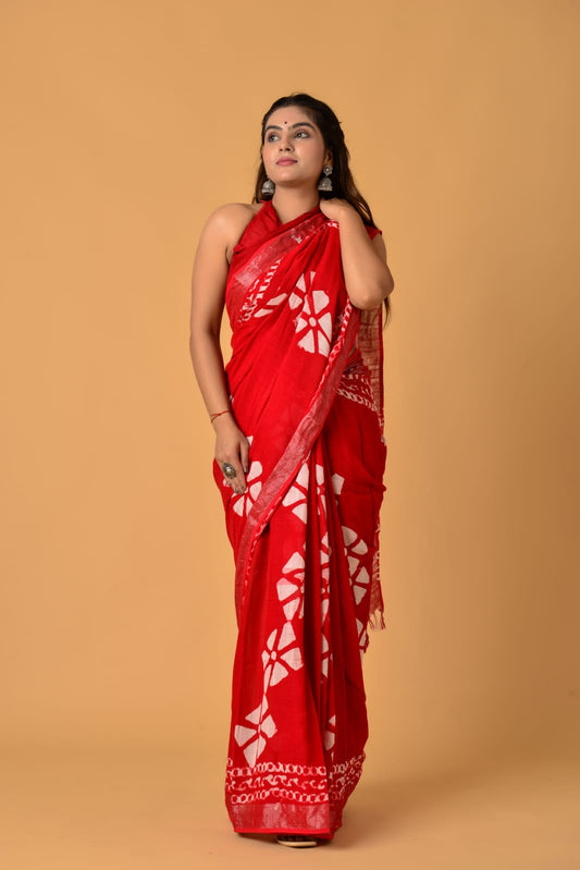 HAND BLOCK PRINTED LINEN SAREE (5.5Mtr) WITH LINEN UNSTICHED BLOUSE PIECE (90CM)