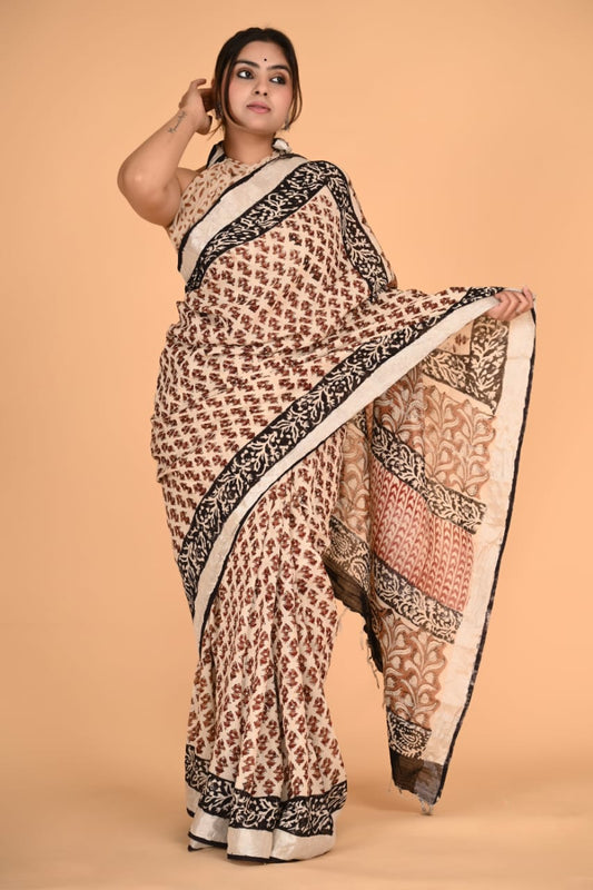 HAND BLOCK PRINTED LINEN SAREE (5.5Mtr) WITH LINEN UNSTICHED BLOUSE PIECE (90CM)