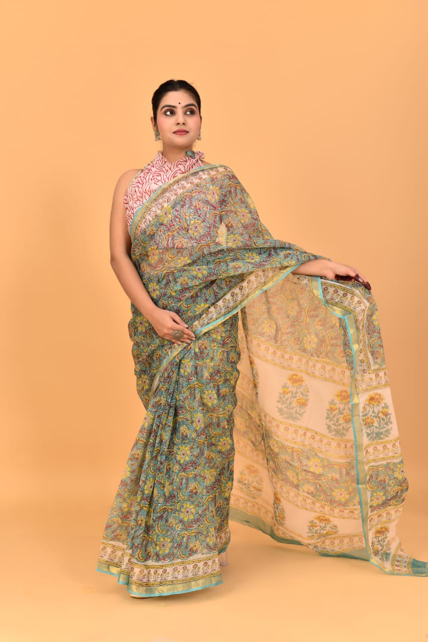 Hand Block Printed Jari Border Pure Kota Doria Saree (5.5 Mtr) With Unstiched Kota Doria Blouse Piece (90 CM)