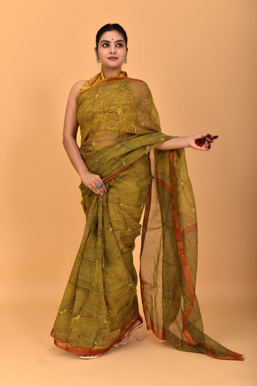 Hand Block Printed Jari Border Pure Kota Doria Saree (5.5 Mtr) With Unstiched Kota Doria Blouse Piece (90 CM)