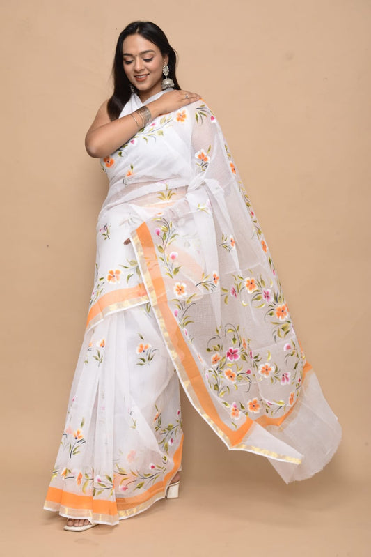 Hand Block Printed Jari Border Pure Kota Doria Saree (5.5 Mtr) With Unstiched Kota Doria Blouse Piece (90 CM)