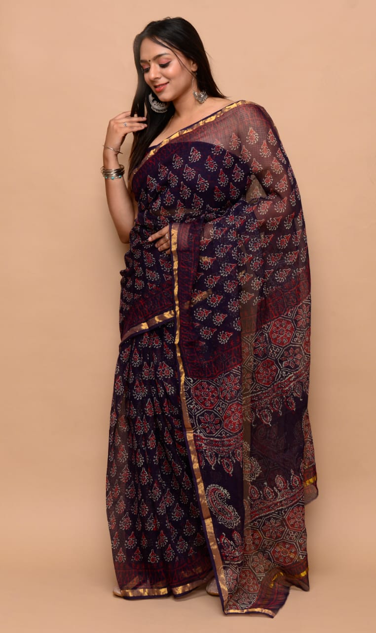 Hand Block Printed Jari Border Pure Kota Doria Saree (5.5 Mtr) With Unstiched Kota Doria Blouse Piece (90 CM)