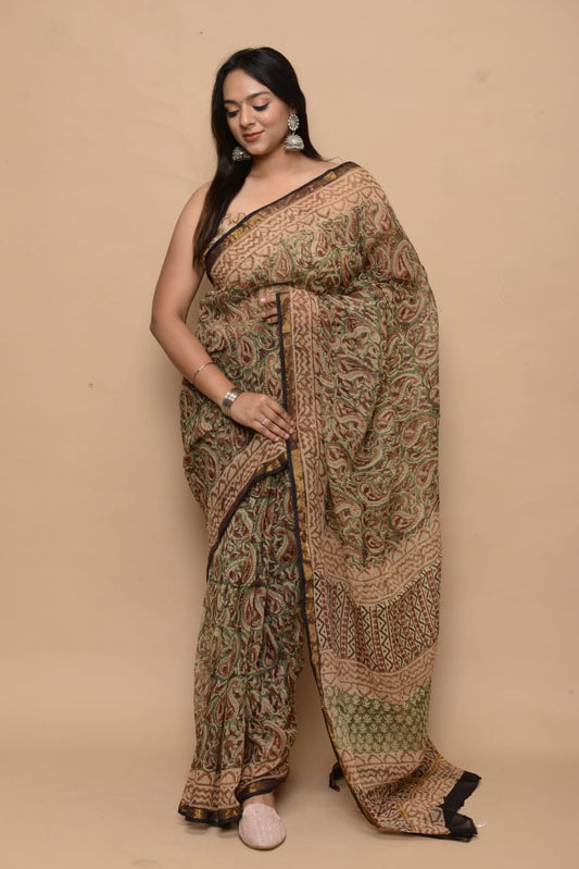 Hand Block Printed Jari Border Pure Kota Doria Saree (5.5 Mtr) With Unstiched Kota Doria Blouse Piece (90 CM)