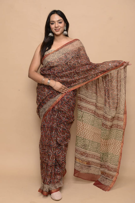 Hand Block Printed Jari Border Pure Kota Doria Saree (5.5 Mtr) With Unstiched Kota Doria Blouse Piece (90 CM)