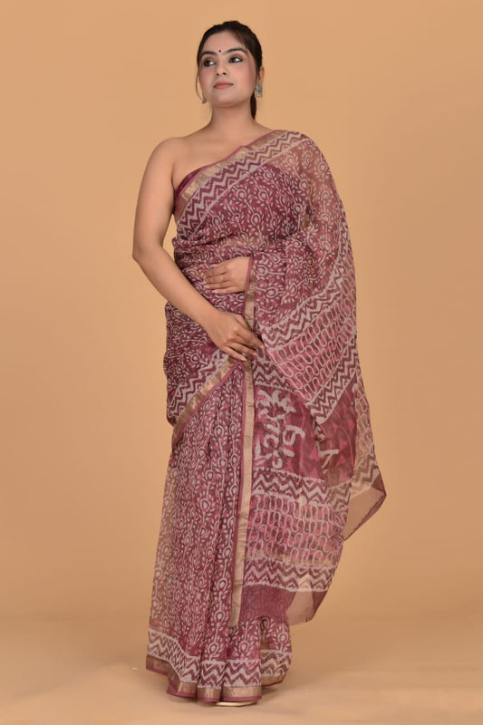 Hand Block Printed Jari Border Pure Kota Doria Saree (5.5 Mtr) With Unstiched Kota Doria Blouse Piece (90 CM)