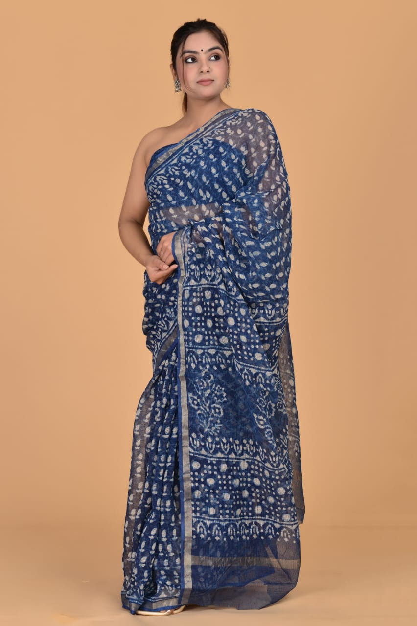 Hand Block Printed Jari Border Pure Kota Doria Saree (5.5 Mtr) With Unstiched Kota Doria Blouse Piece (90 CM)