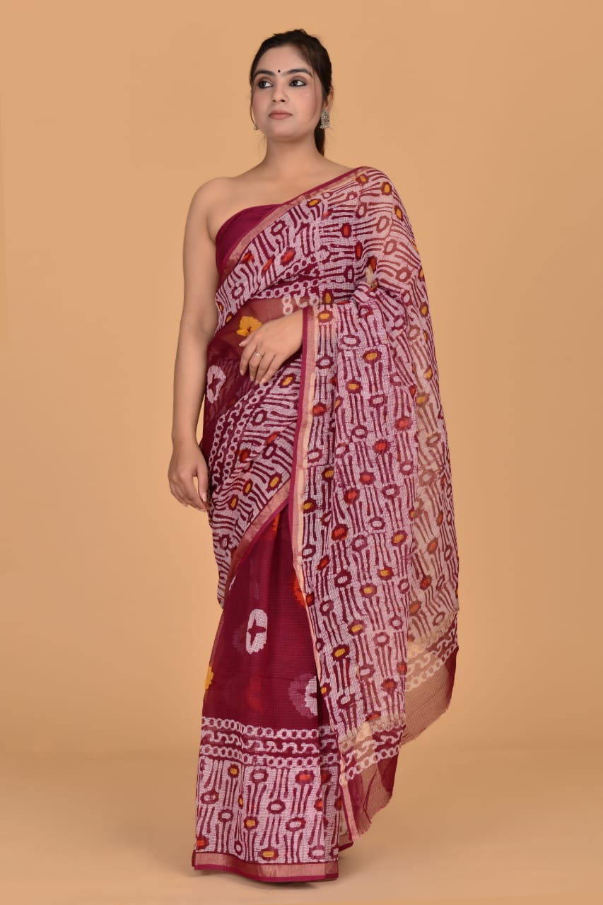 Hand Block Printed Jari Border Pure Kota Doria Saree (5.5 Mtr) With Unstiched Kota Doria Blouse Piece (90 CM)