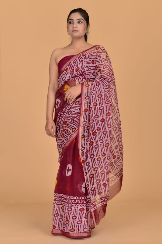 Hand Block Printed Jari Border Pure Kota Doria Saree (5.5 Mtr) With Unstiched Kota Doria Blouse Piece (90 CM)