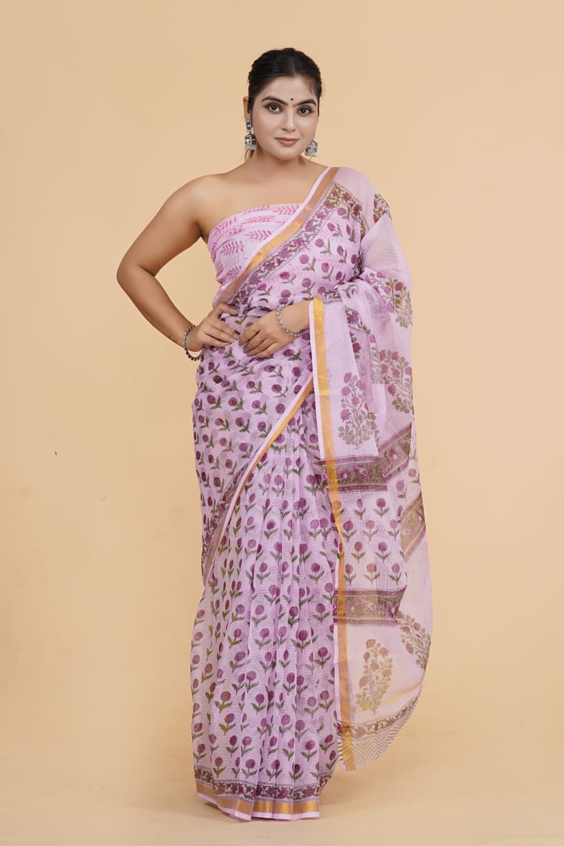 Hand Block Printed Jari Border Pure Kota Doria Saree (5.5 Mtr) With Unstiched Kota Doria Blouse Piece (90 CM)