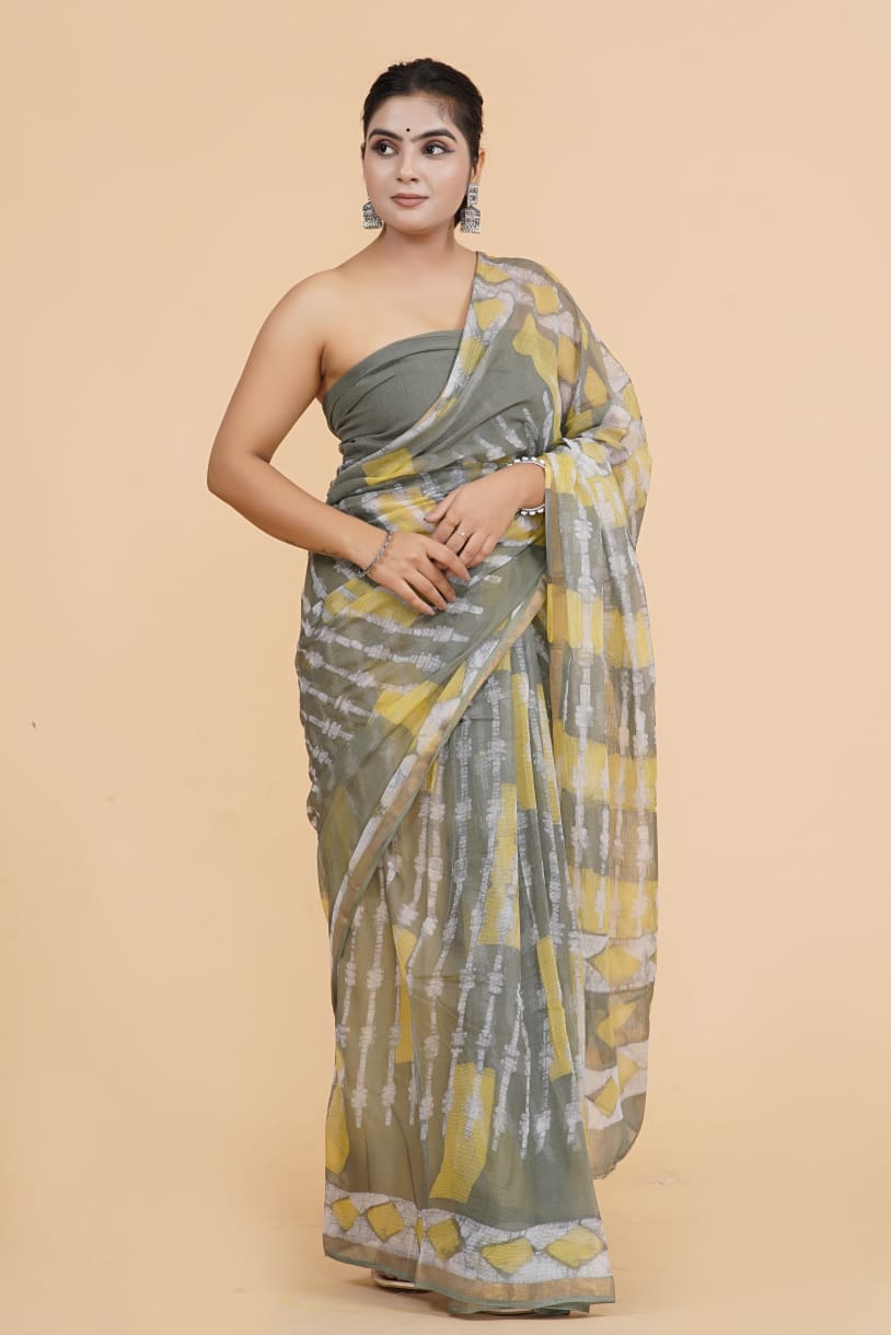 Hand Block Printed Jari Border Pure Kota Doria Saree (5.5 Mtr) With Unstiched Kota Doria Blouse Piece (90 CM)