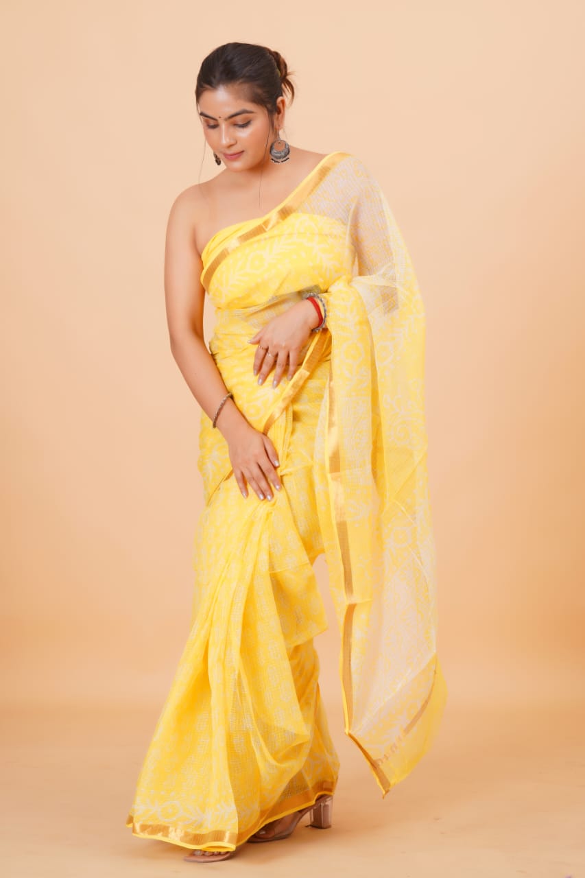 Hand Block Printed Jari Border Pure Kota Doria Saree (5.5 Mtr) With Unstiched Kota Doria Blouse Piece (90 CM)