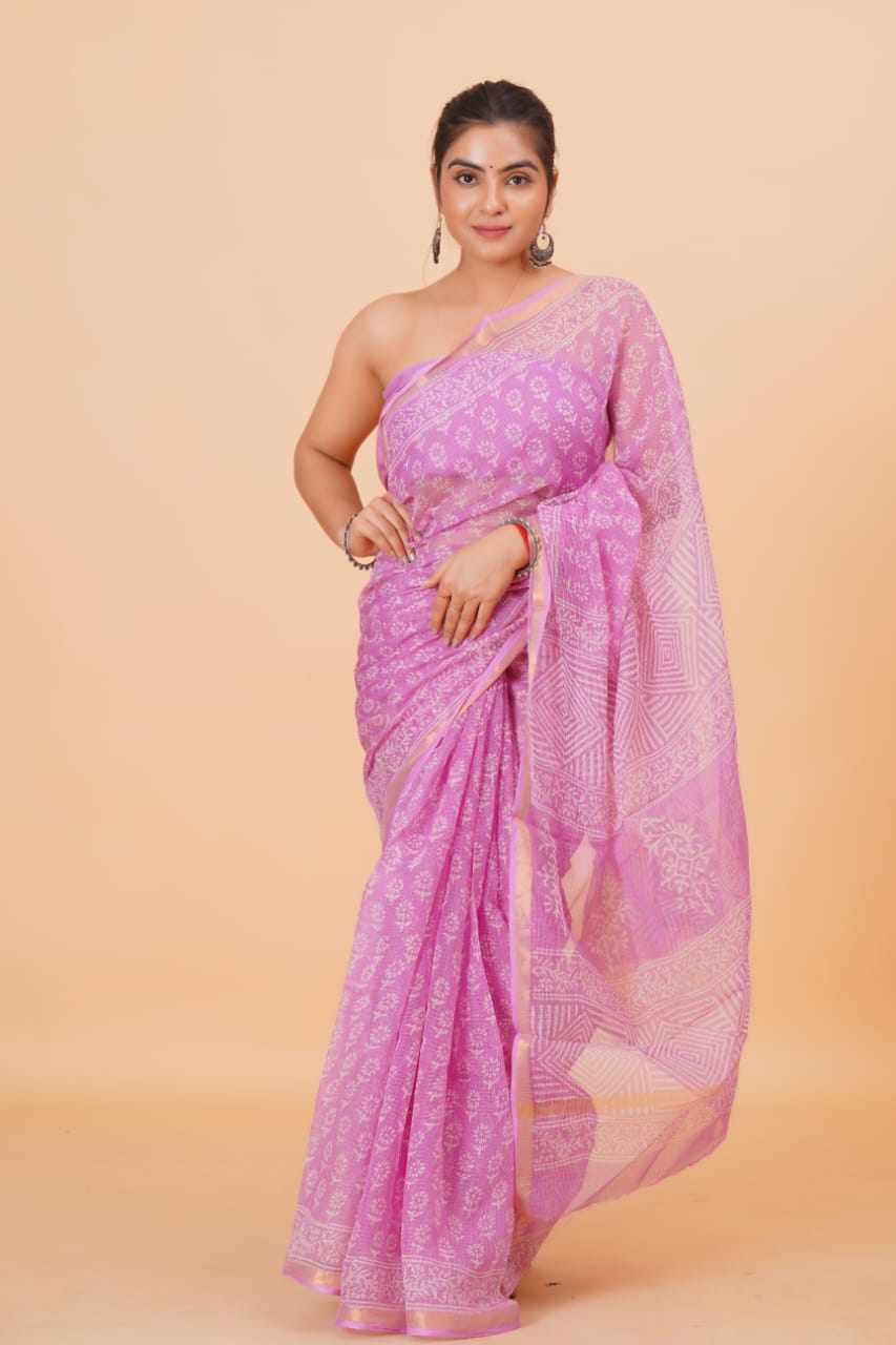 Hand Block Printed Jari Border Pure Kota Doria Saree (5.5 Mtr) With Unstiched Kota Doria Blouse Piece (90 CM)