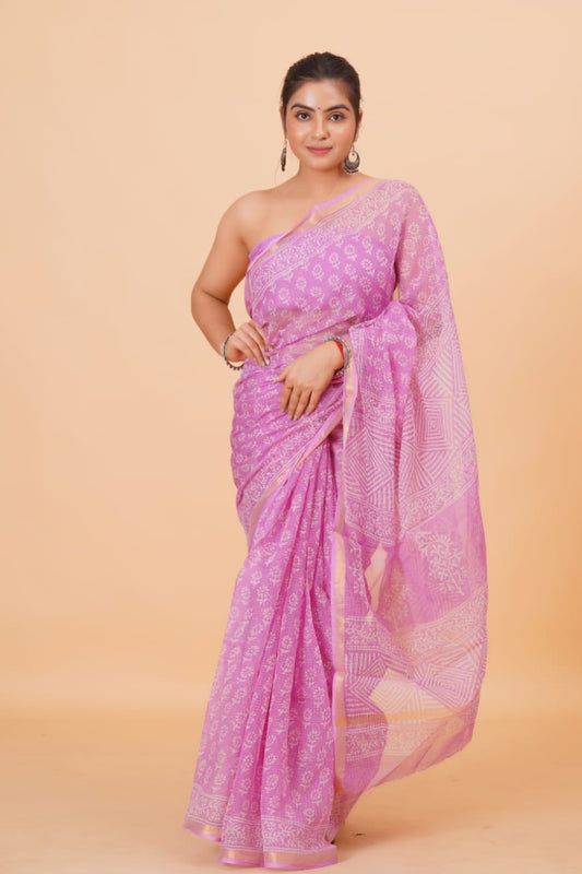 Hand Block Printed Jari Border Pure Kota Doria Saree (5.5 Mtr) With Unstiched Kota Doria Blouse Piece (90 CM)