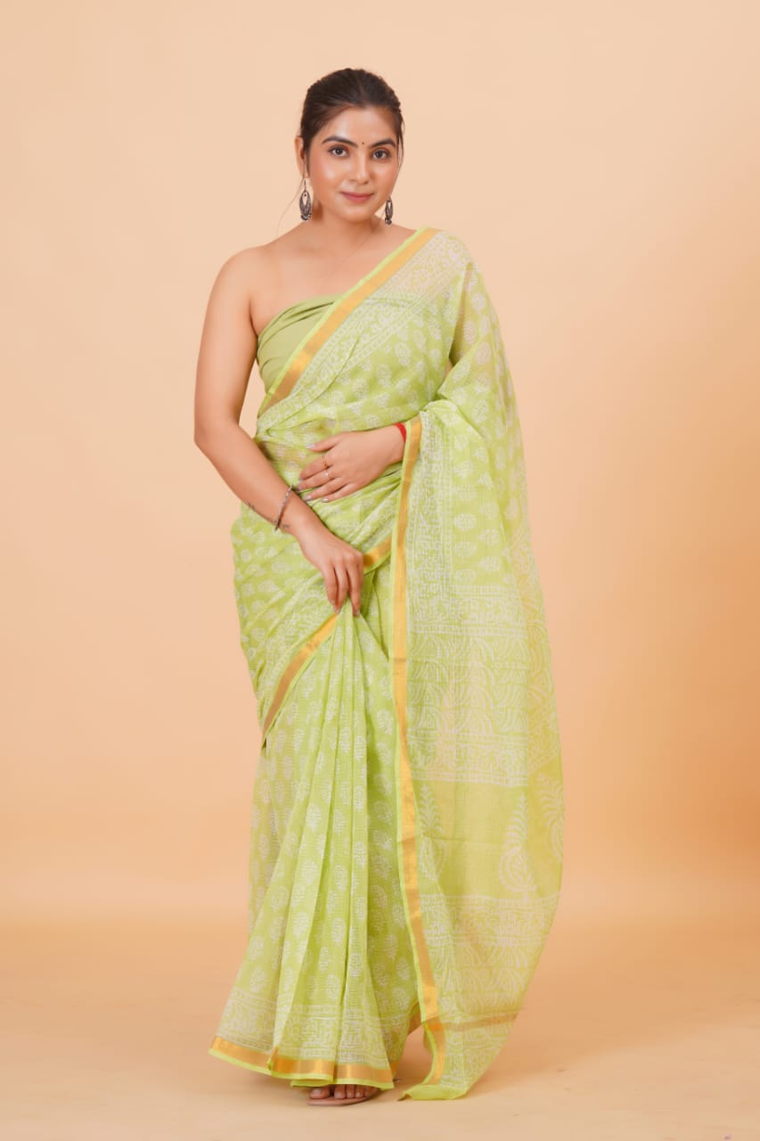 Hand Block Printed Jari Border Pure Kota Doria Saree (5.5 Mtr) With Unstiched Kota Doria Blouse Piece (90 CM)