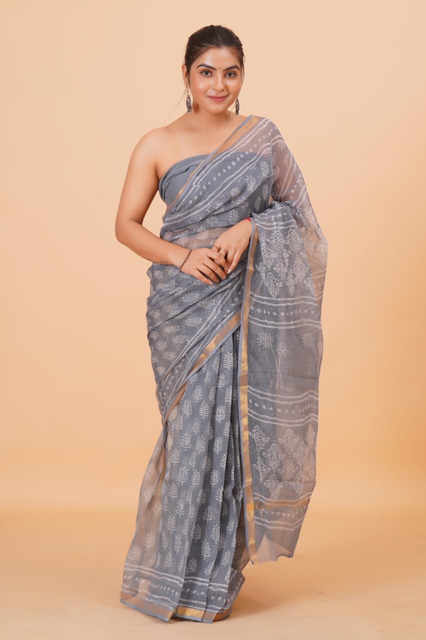 Hand Block Printed Jari Border Pure Kota Doria Saree (5.5 Mtr) With Unstiched Kota Doria Blouse Piece (90 CM)