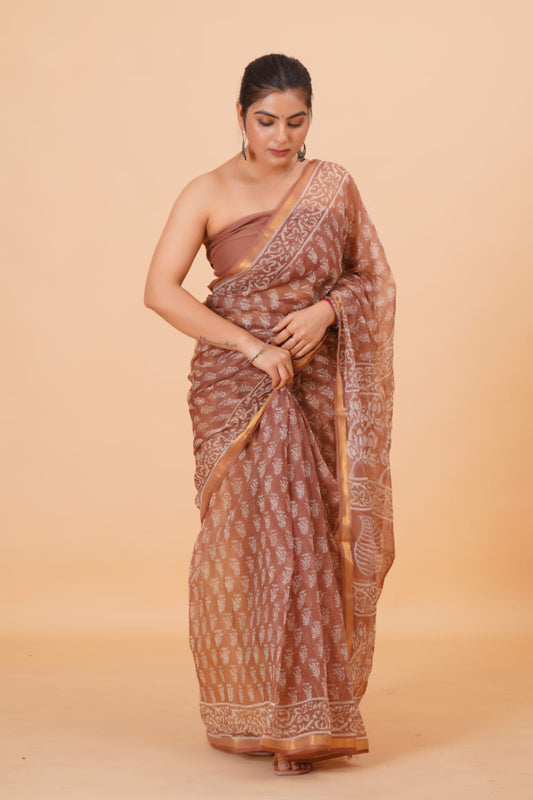 Hand Block Printed Jari Border Pure Kota Doria Saree (5.5 Mtr) With Unstiched Kota Doria Blouse Piece (90 CM)