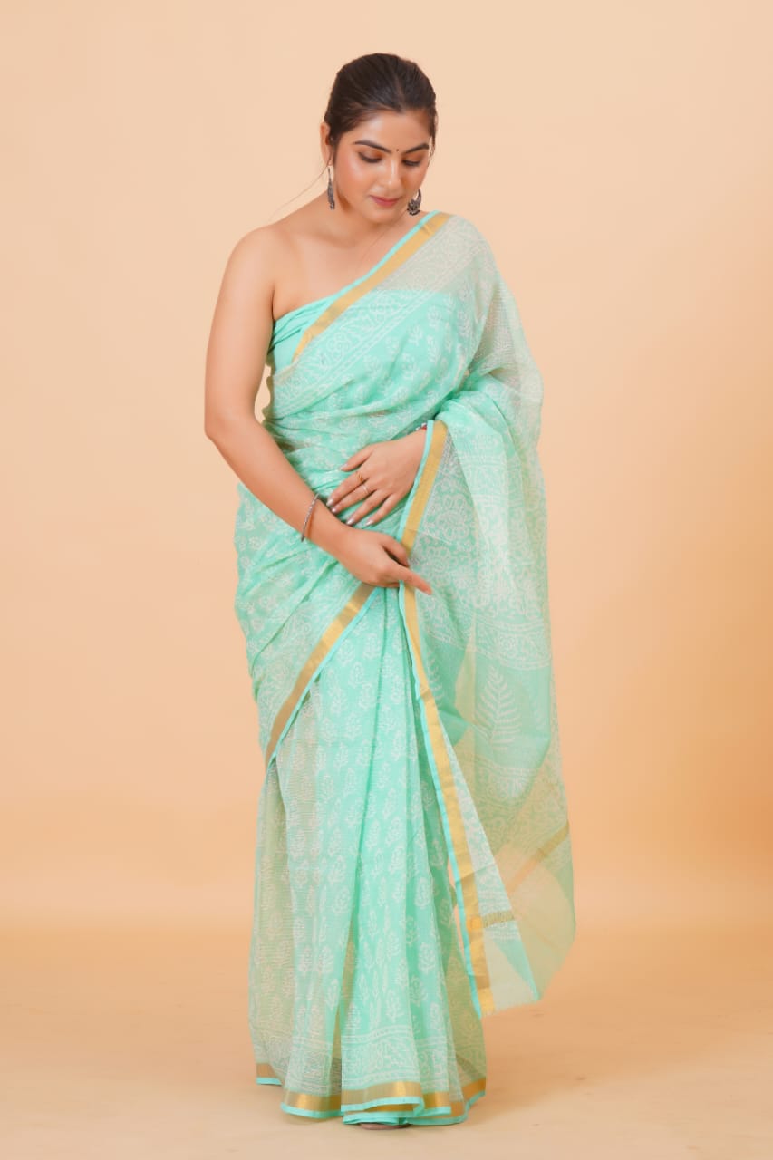 Hand Block Printed Jari Border Pure Kota Doria Saree (5.5 Mtr) With Unstiched Kota Doria Blouse Piece (90 CM)