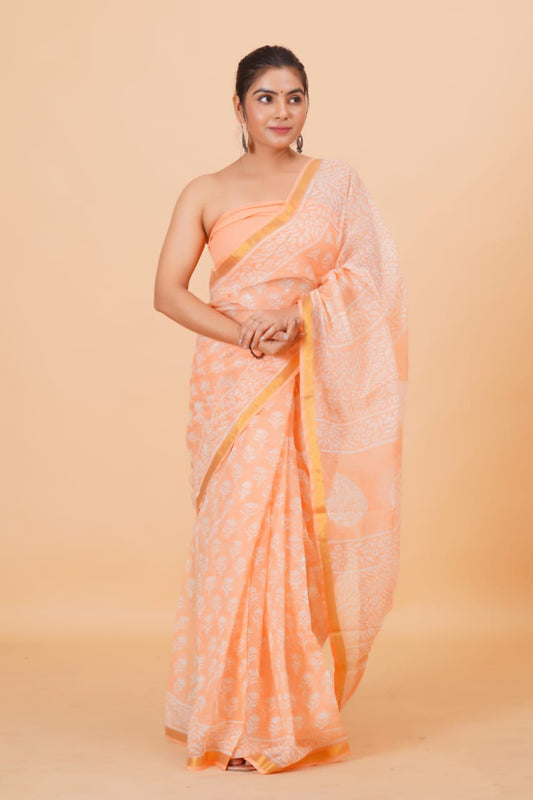 Hand Block Printed Jari Border Pure Kota Doria Saree (5.5 Mtr) With Unstiched Kota Doria Blouse Piece (90 CM)