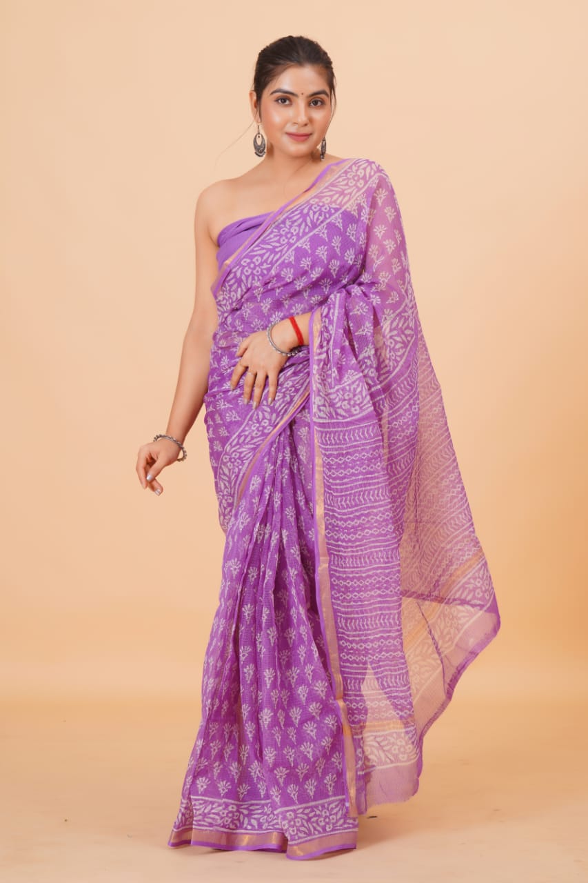 Hand Block Printed Jari Border Pure Kota Doria Saree (5.5 Mtr) With Unstiched Kota Doria Blouse Piece (90 CM)