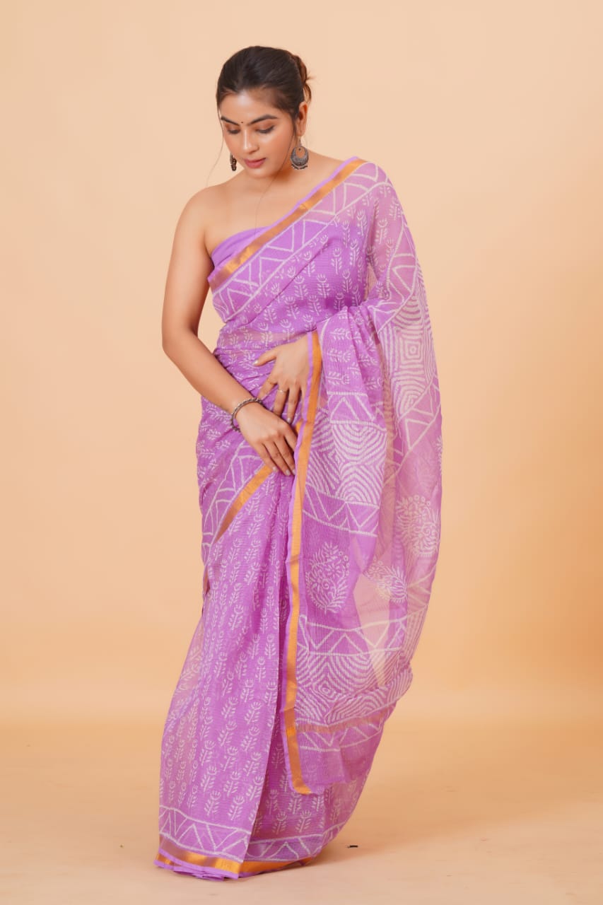 Hand Block Printed Jari Border Pure Kota Doria Saree (5.5 Mtr) With Unstiched Kota Doria Blouse Piece (90 CM)