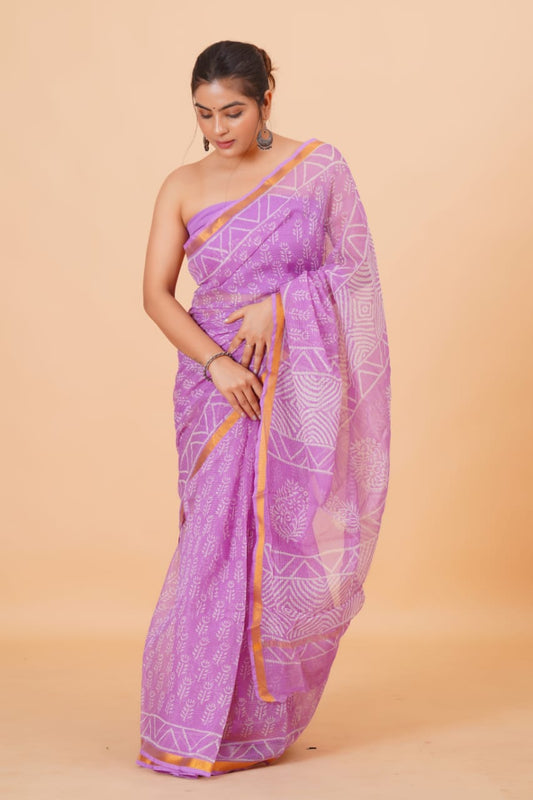 Hand Block Printed Jari Border Pure Kota Doria Saree (5.5 Mtr) With Unstiched Kota Doria Blouse Piece (90 CM)