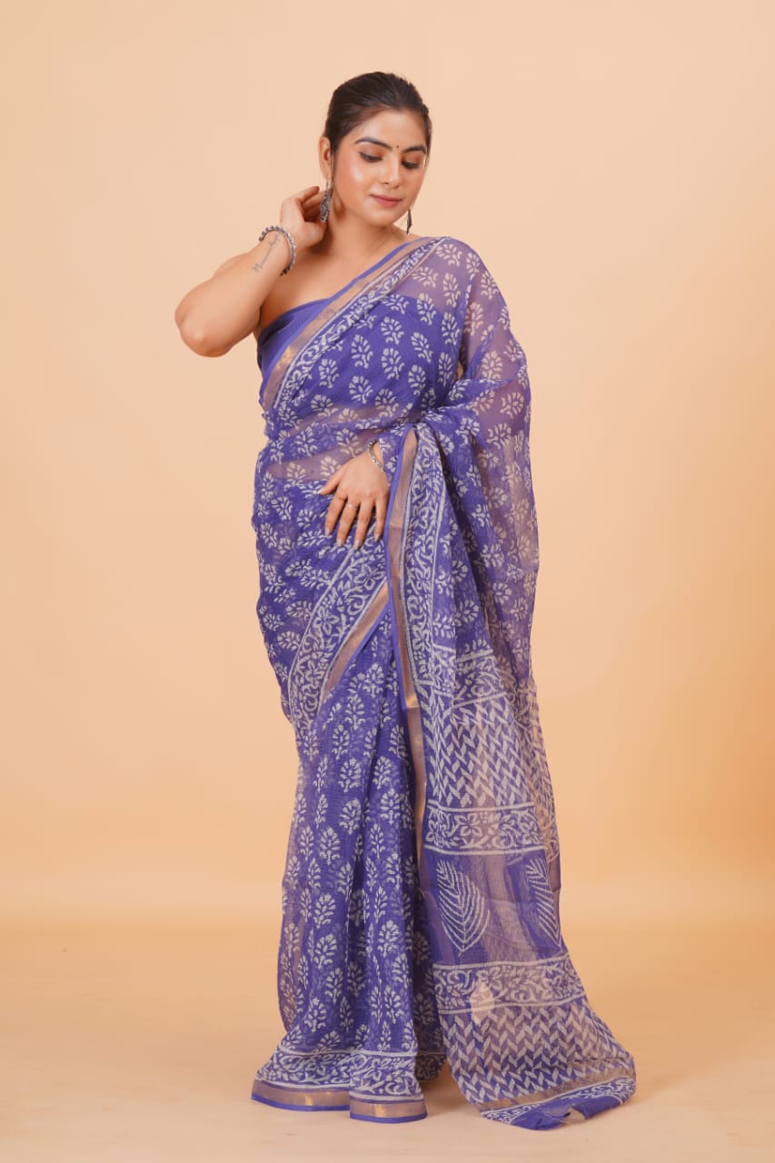 Hand Block Printed Jari Border Pure Kota Doria Saree (5.5 Mtr) With Unstiched Kota Doria Blouse Piece (90 CM)