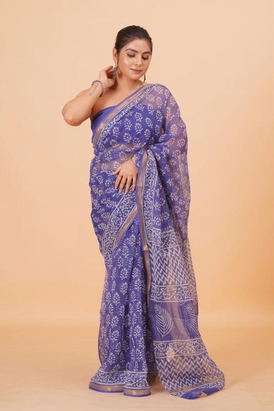 Hand Block Printed Jari Border Pure Kota Doria Saree (5.5 Mtr) With Unstiched Kota Doria Blouse Piece (90 CM)