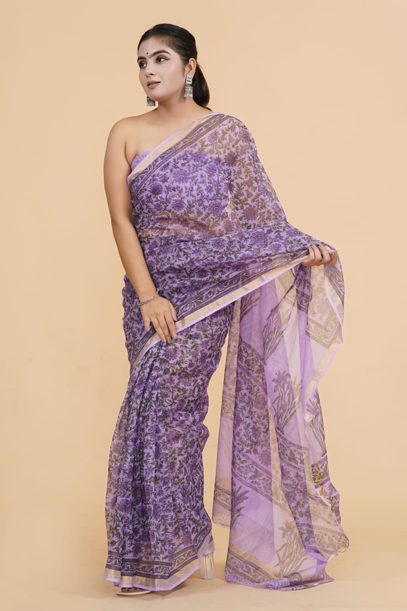 Hand Block Printed Jari Border Pure Kota Doria Saree (5.5 Mtr) With Unstiched Kota Doria Blouse Piece (90 CM)