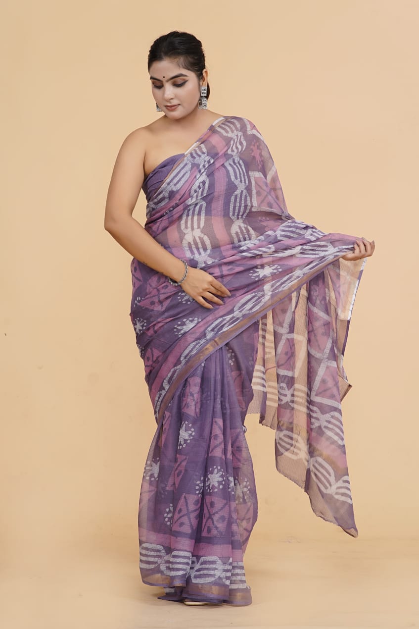 Hand Block Printed Jari Border Pure Kota Doria Saree (5.5 Mtr) With Unstiched Kota Doria Blouse Piece (90 CM)