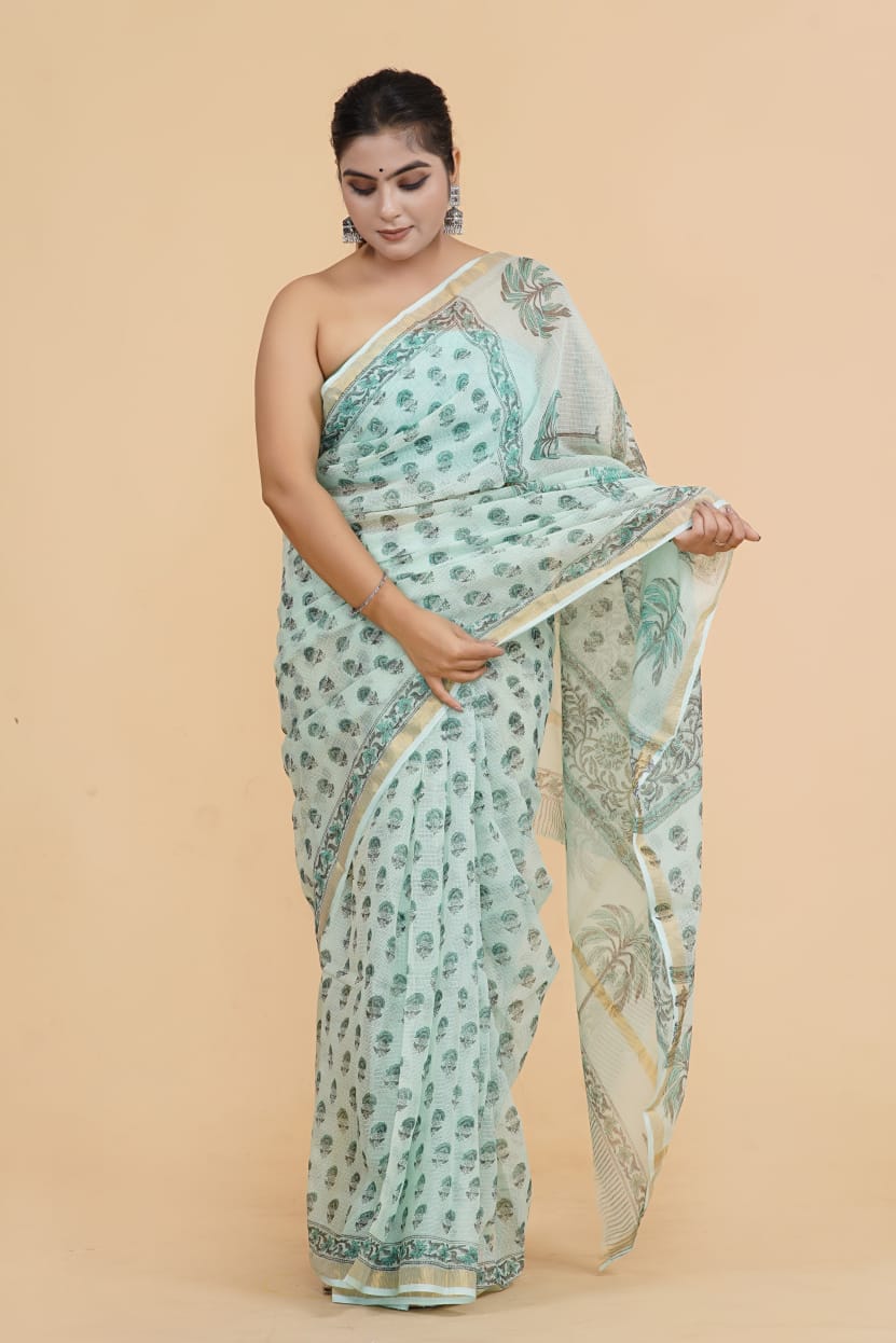 Hand Block Printed Jari Border Pure Kota Doria Saree (5.5 Mtr) With Unstiched Kota Doria Blouse Piece (90 CM)