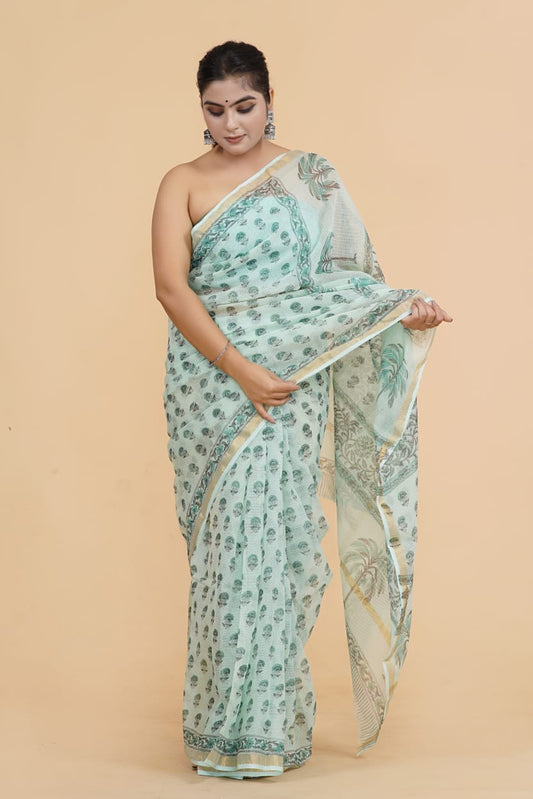 Hand Block Printed Jari Border Pure Kota Doria Saree (5.5 Mtr) With Unstiched Kota Doria Blouse Piece (90 CM)