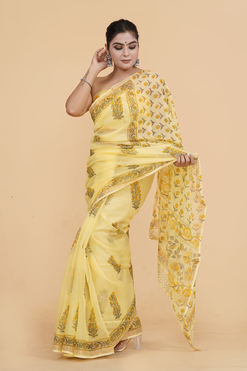 Hand Block Printed Jari Border Pure Kota Doria Saree (5.5 Mtr) With Unstiched Kota Doria Blouse Piece (90 CM)