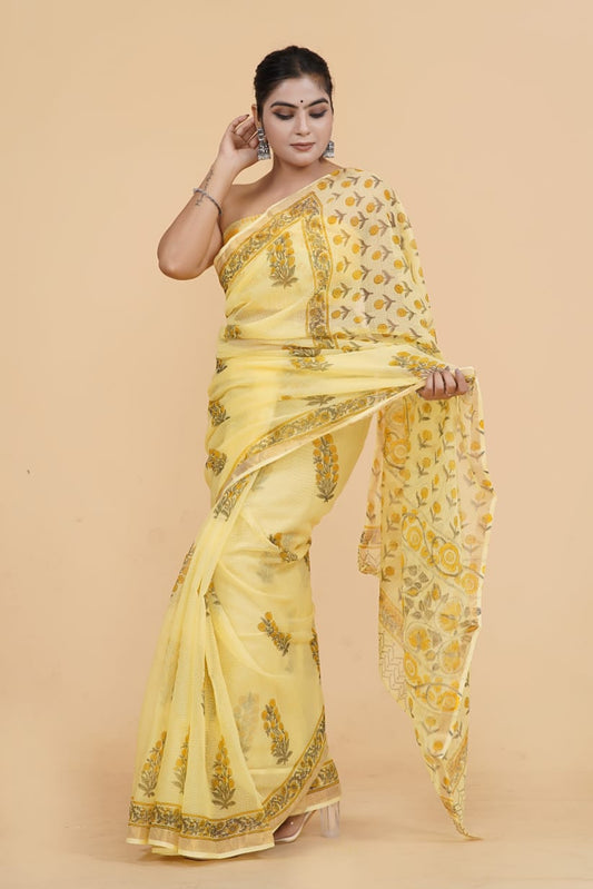 Hand Block Printed Jari Border Pure Kota Doria Saree (5.5 Mtr) With Unstiched Kota Doria Blouse Piece (90 CM)