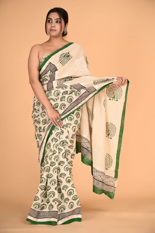 (APPLIQUE) HAND BLOCK PRINTED COTTON SAREE (5.5 Mtr) WITH UNSTICHED BLOUSE PIECE (90CM) (HAND CUT WORK)