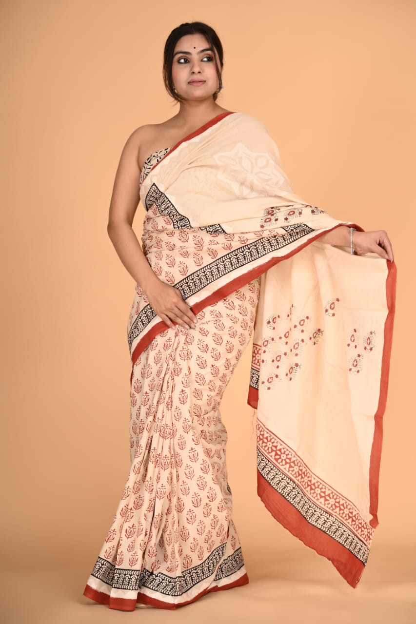 (APPLIQUE) HAND BLOCK PRINTED COTTON SAREE (5.5 Mtr) WITH UNSTICHED BLOUSE PIECE (90CM) (HAND CUT WORK)