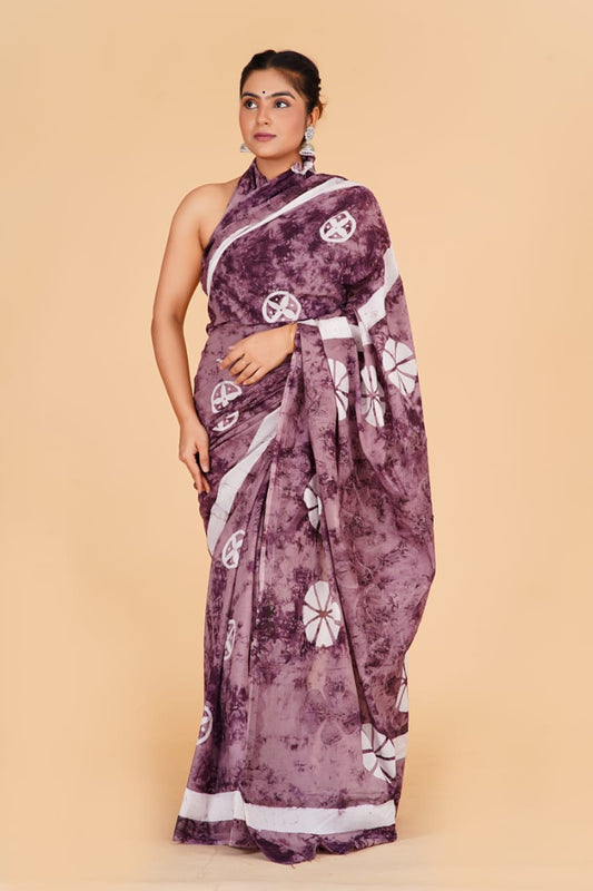 (APPLIQUE) HAND BLOCK PRINTED COTTON SAREE (5.5 Mtr) WITH UNSTICHED BLOUSE PIECE (90CM) (HAND CUT WORK)